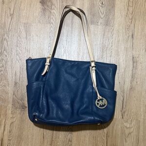 Michael Kors Navy Blue Tote with Cream Straps